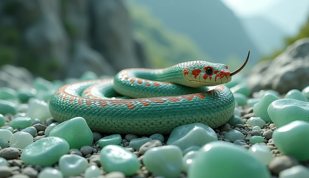There are many white and shiny jade stones on the mountain.，The jade has a pit viper with red and white rings on its body and a spike on its nose.（best quality，4K，8k，High level，masterpiece：1.2），Ultra Detailed，（lifelike，Photo real，Photo real：1.37）