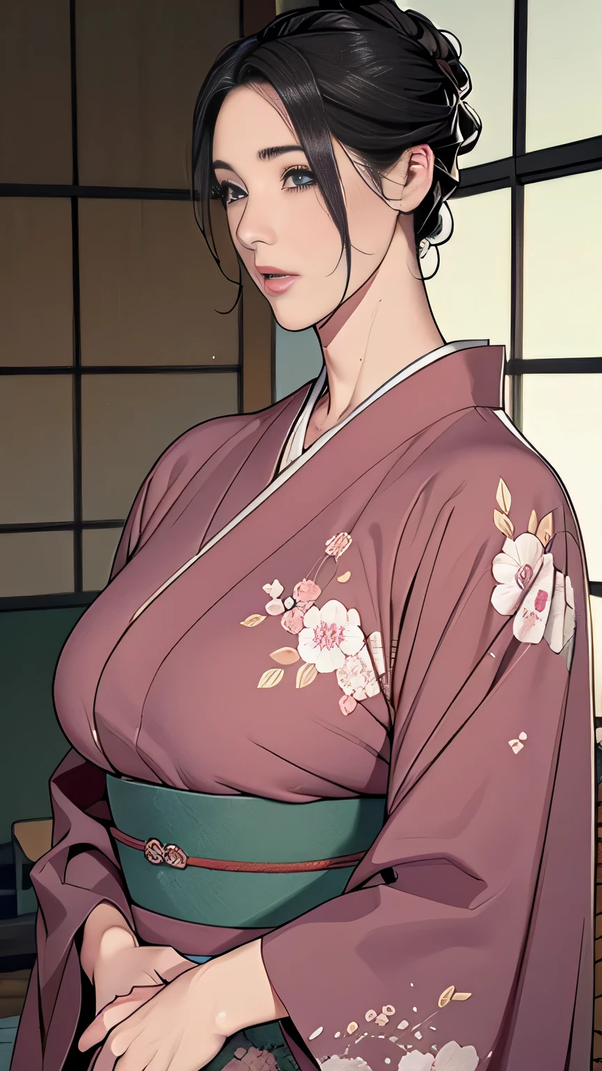 1，Japanese hairstyle，Photorealism，detailed，masterpiece，mature，((full))， (Broad shoulders), ((Huge))，Plus size mature women，expensive，30 years old，Pretty face, (Plump woman)，Beautiful long-sleeved kimono，kimono，Hold your chest with both hands:1，high quality，Are standing，High Resolution 4K Information,Kyoto,
