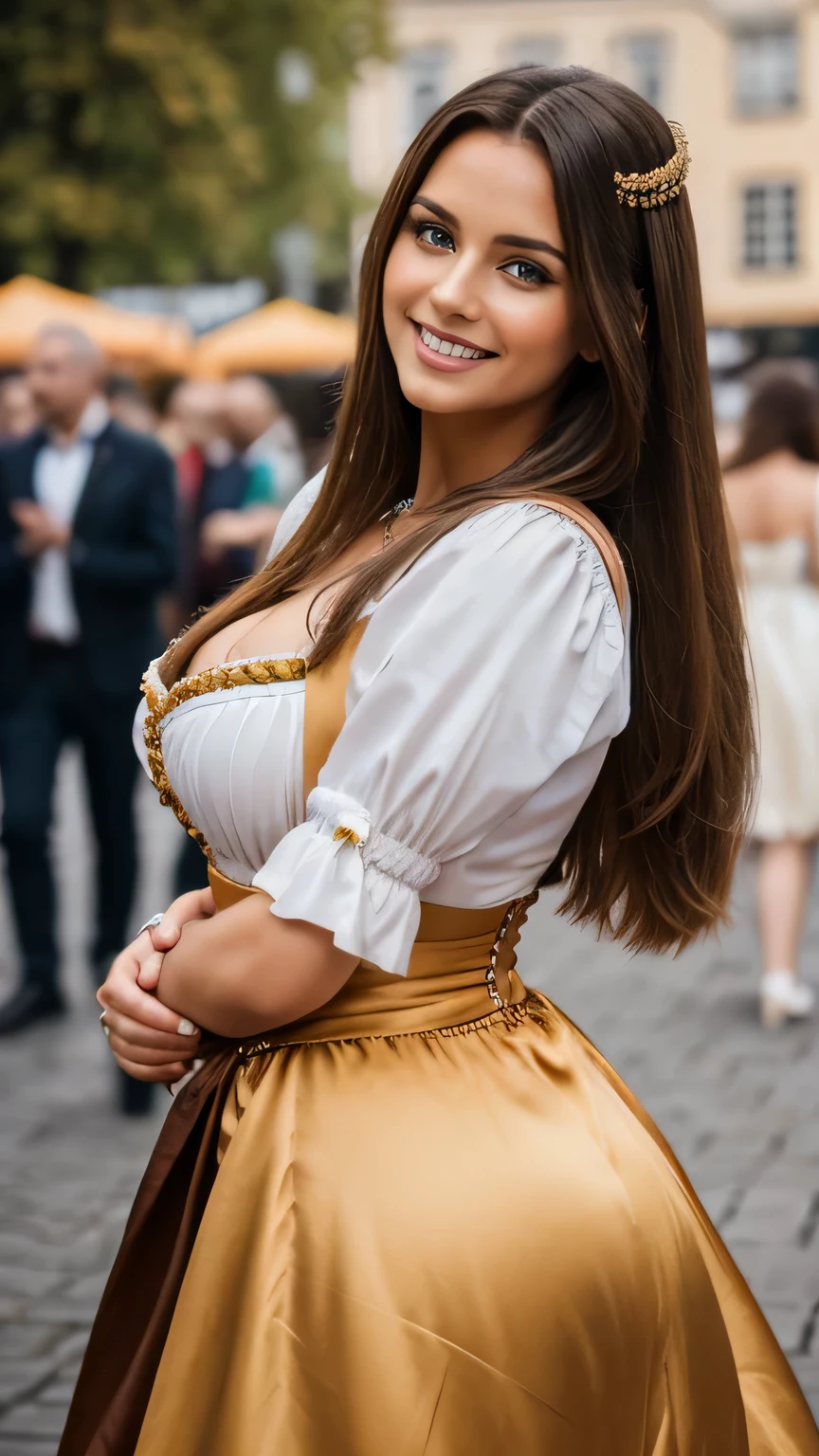 Realistic full body photo of a smiling brunette woman with long hair, She dances in front of the camera in a beautiful satin dirndl., fine fabrics, Park,glamour fotoshooting, Wedding celebration, perfect anatomy, perfect brown eyes. Perfect hands with 5 fingers on each hand, Matching girl, looking at the camera, 1 Frau. (Eye make up:1.1), (highly detailed skin:1.1), spirit, analog style, keen focus, 8K  UHD, dslr, good quality, Fujifilm XT3, Grain, Award-winning, ​masterpiece. oktoberfest