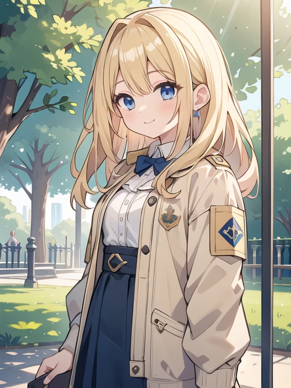 masterpiece, Highest quality, One girl, beautiful, Are you okay, delicate, Very complicated, detailed, Blonde, Jacket, blue eyes, ((masterpiece)), extremely detailed, Highest quality, High resolution, ((at the park)), Bridget, smile,  