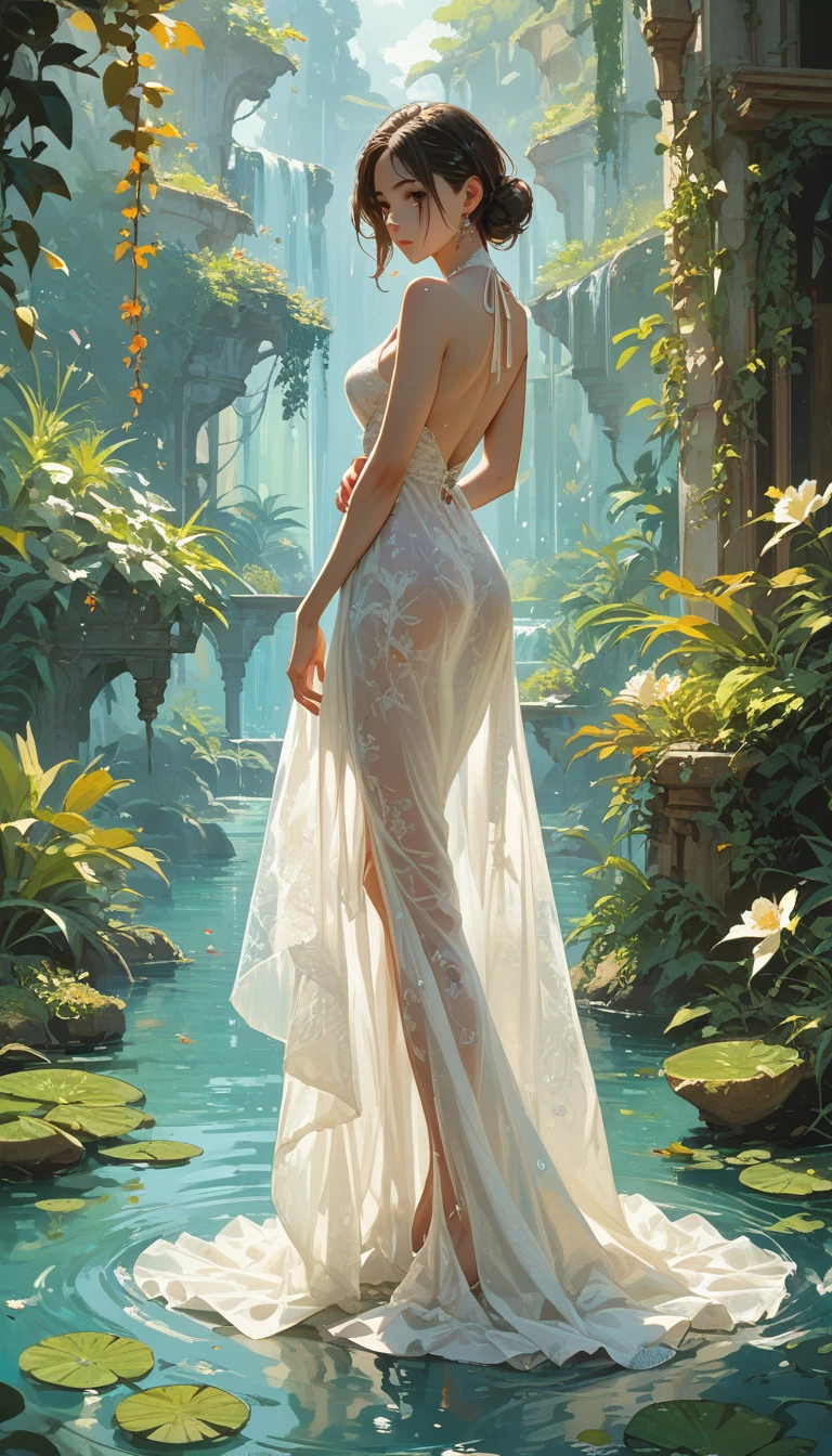 score_9, score_8_up, score_7_up, score_6_up, score_5_up, score_4_up, from side, full body, 1girl, looking at viewer, looking back, stand on water's surface, white see-through dress, 