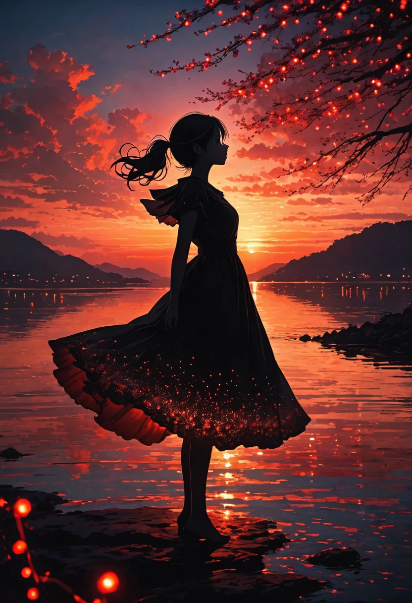 The image depicts a silhouette of a girl standing against a stunning sunset background. The sky transitions from a deep Black , near the horizon to a deep red as it ascends. The figure appears to be enveloped in a series of tiny glowing fairy lights, some of which are illuminated, creating a stunning and captivating contrast to the dark silhouette. The figure appears to be holding out one arm, perhaps adjusting to or interacting with the lights. The overall mood of the image is peaceful and magical.