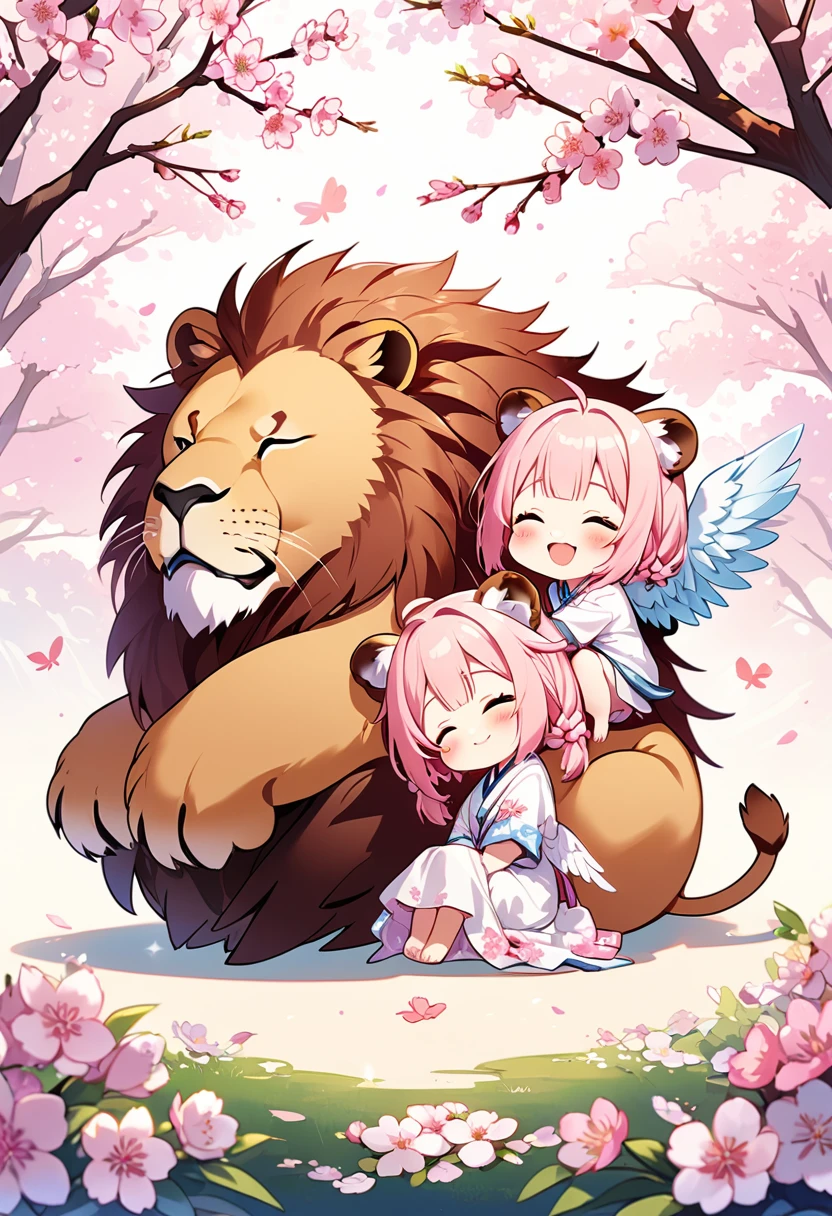 Highest quality、High resolution、Detailed Background、Beautiful face in every detail、Anatomically correct、Detailed facial expressions、fine grain、((full body, from side:1.5, looking away:1.2)), break ((One Girl:1.5)、((Chibi Girl:1.5)))、Bright pretty hair color、Big beautiful blue eyes、Fuller lips、Pink Lips、Braided twintails、Ahoge、break ((Sitting back to back with a creature that seamlessly combines the head and wings of an eagle with the body of a lion:1.5、Sleep:1.5、Happy expression:1.5))、(Spring background、cherry blossoms、cherry blossomsの花びらが舞う)