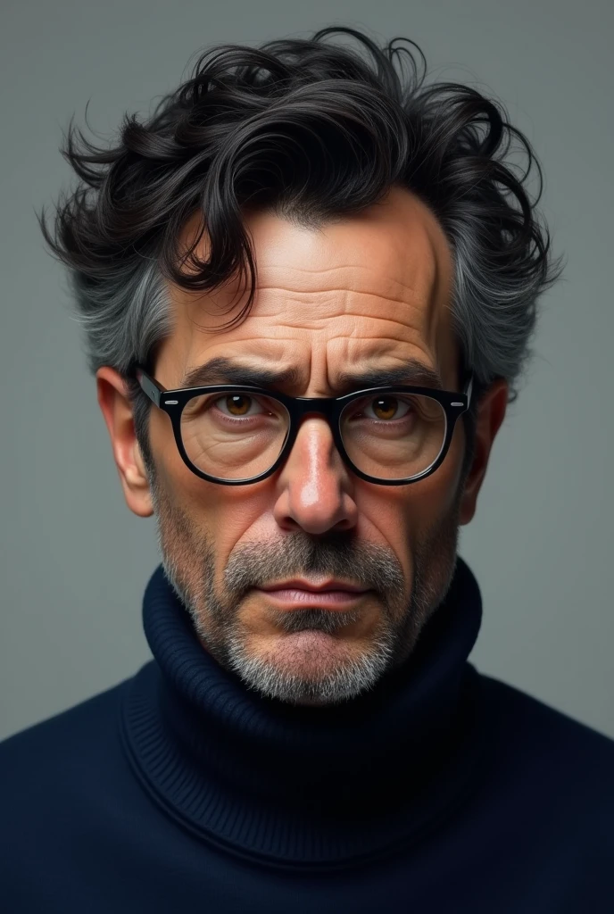 Strong emo man with very curly black hair, with glasses, navy blue sweater, eyes browns, with a serious face, with a slightly mature face, looking from the front