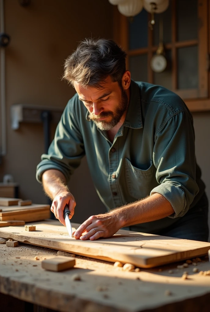 make a picture for me: : Ethan returns to work, but this time with a different mindset. The light in the studio is brighter, symbolizing a new beginning. Ethan's hands move gently over the wood, now following its natural grain. Each chisel stroke is intentional and respectful. The transition between the wood and Ethan's focused expression, showing the newfound harmony between the artist and his materials. 3d photo, full HD image ratio: 16:9