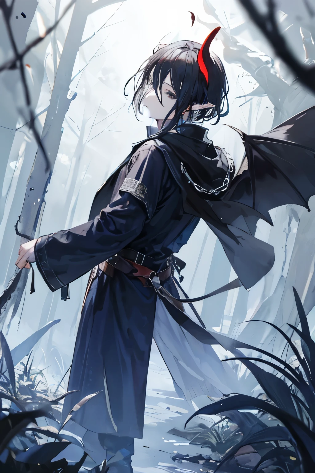 A boy of about , he had a rather cute face, long elf-like ears, black hair, and black eyes the color of crows. He had two devil horns growing out of his head, which were beautifully curved, as well as a devil tail that reached to the ground. He wore medieval villager clothing, and was in the middle of a dark, blue forest. He was standing with his back turned and facing left, with a light shining through his eyes, only the upper half of his body visible.