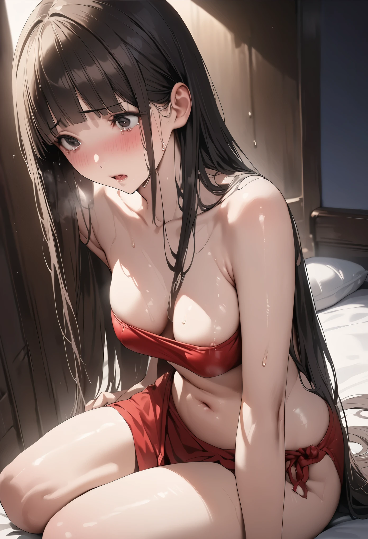 Pornographic Art、((masterpiece,best quality anime,Highest quality:1.3)),realistic,portrait,1woman,(Mature Beauty),((very small head:1.4)),((very long body:1.3)),long hair,black hair,bangs,(gorgeous big eyes),black eyes,shy,tears,((slender body:1.3,skinny)),medium breasts,(Red tube top shirt、navel、red loincloth),Love juice,sweat,gleaming skin,kneeling,Simple bedroom、Old mansion、at night、A world of magic and fantasy、