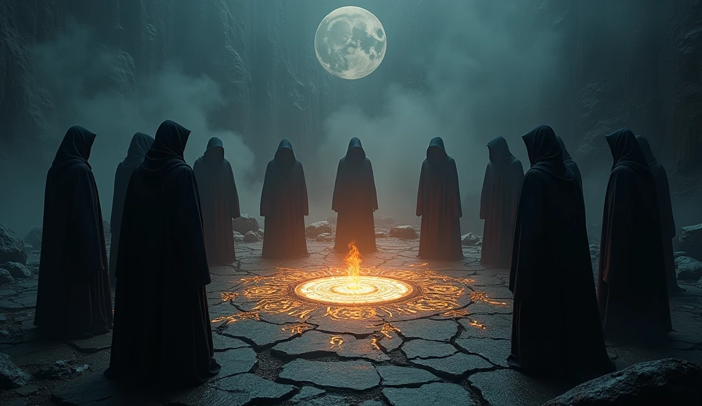 Cinematic scene of a dark magic ritual: hooded figures chanting around a glowing, dark portal. The ground cracked and emitting dark energy. Realistic, mystical, and ominous, highlighting the rise of dark powers. Include intricate symbols and runes glowing on the ground, adding to the mystic atmosphere. High level of detail and realism to match cinematic quality. Bloody Hell