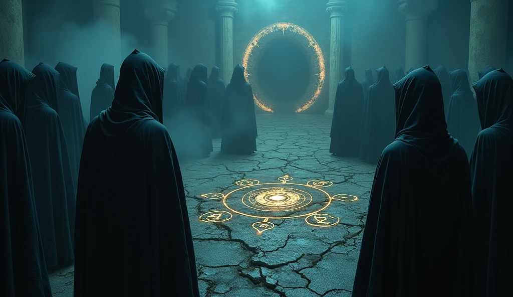 Cinematic scene of a dark magic ritual: hooded figures chanting around a glowing, dark portal. The ground cracked and emitting dark energy. Realistic, mystical, and ominous, highlighting the rise of dark powers. Include intricate symbols and runes glowing on the ground, adding to the mystic atmosphere. High level of detail and realism to match cinematic quality. Bloody Hell