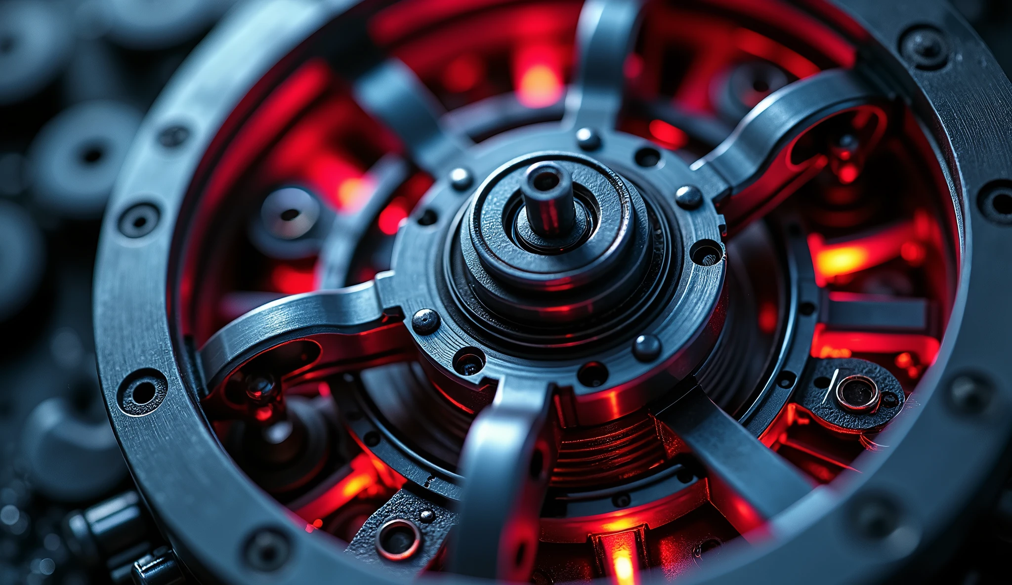 So many beautiful gears and beautiful pinions., close-ups of gears, dynamic camera work, Inside a machine, Beautiful metallic light reflections., Colorful LED growing from the inside, Focus on the pinions and gear system, Black machine oil reflecting lights