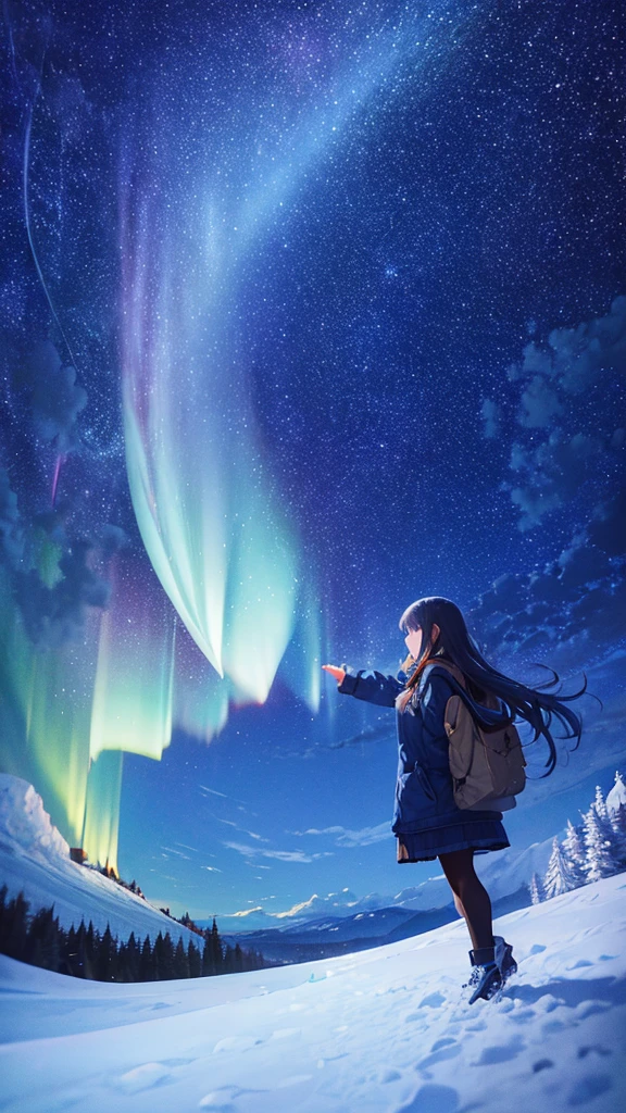 There are countless stars in the night sky. The girl who looks at the rapturous stars, the girl with long hair on a snow-covered hill, dark blue sky, brightly shining stars, beautiful aurora, live-action, realistic, masterpiece, realistic