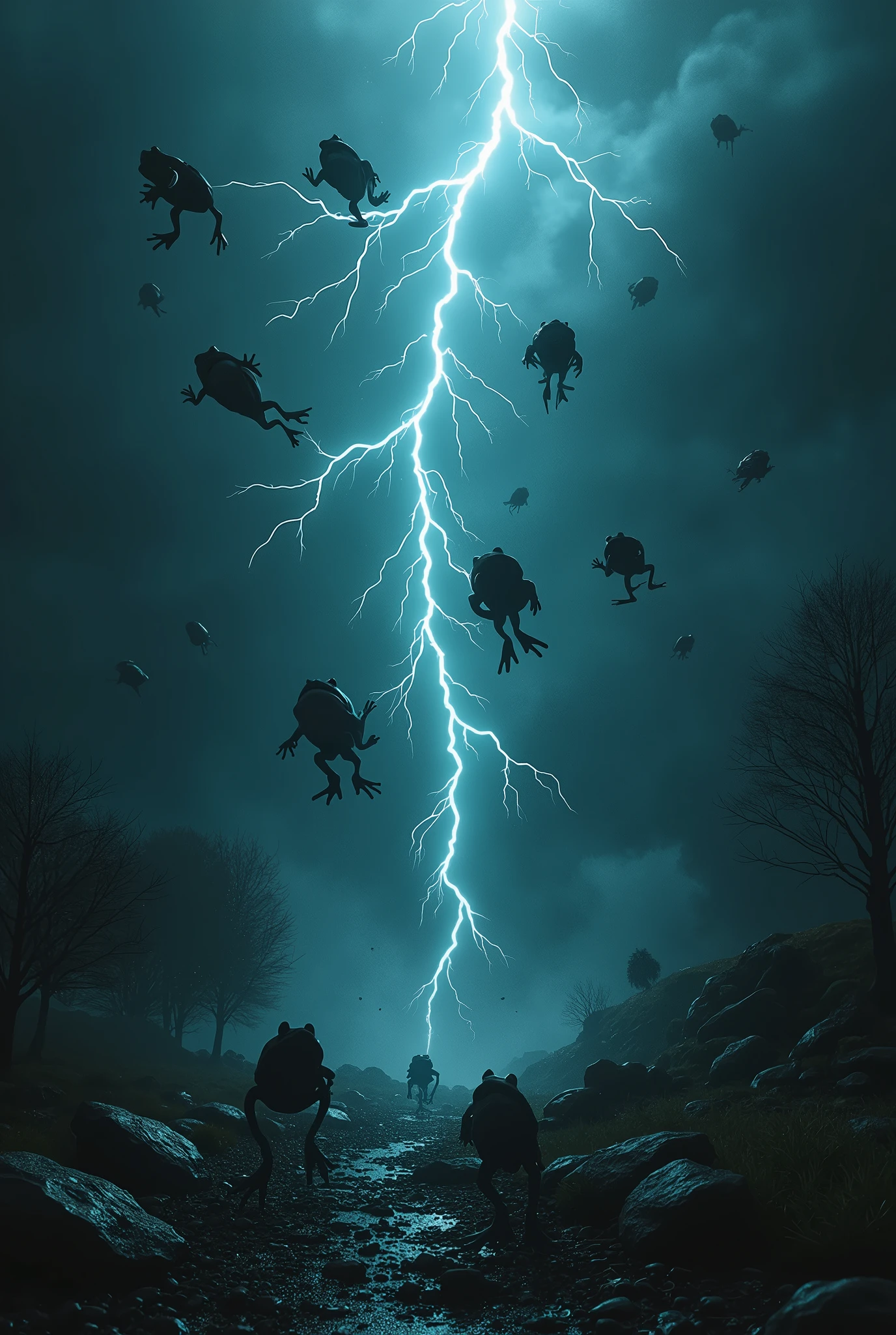 theme:Surreal Scene, in darkness, horror, dropping lots frogs from sky, huge lightning, realistic photo, high quality,high resolution, nightmare,