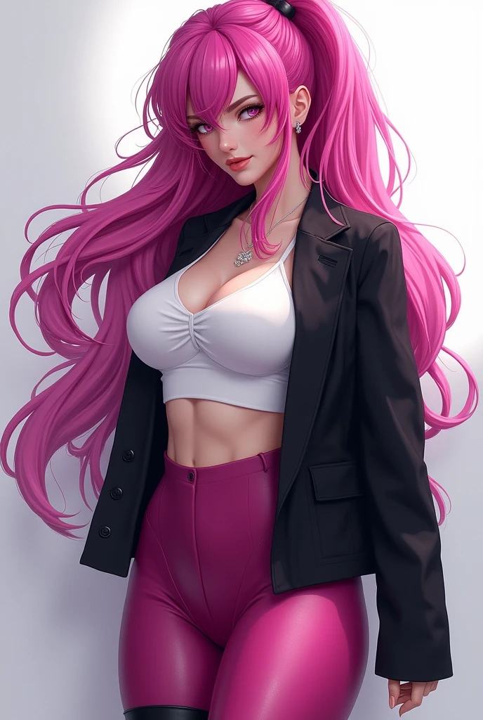 Beautiful girl with magenta long ponytail hair, wearing white crop , black jacket, wearing magenta pantyhose, wearing black long boots, pink eyes