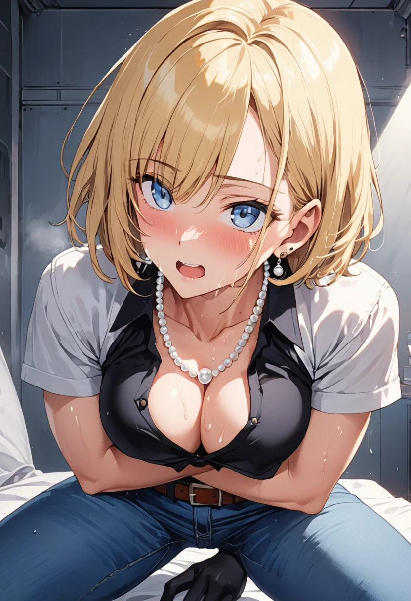 masterpiece, Highest quality, High resolution, (Artificial Human Room No. 18),1990s \(style\),(E-cup beautiful breasts)、height: 170cm,Sweating all over the body、vapor、Muscular、((sexy))、(sex),(nsfw),(M-shaped legs),Sweaty、(Breasts spilling out of clothes),独奏,Anime-style painting style, blonde hair, Blue eyes, belt, jeans, pearl_necklace, bracelet, black gloves, white shirt, short hair, short sleeves, earrings, blue short pants, open vest, black vest,middle breasts,Composition focusing on the upper body,(Cool face)、Pointed eyes,A face writhing in pleasure,A pose to invite someone to sex