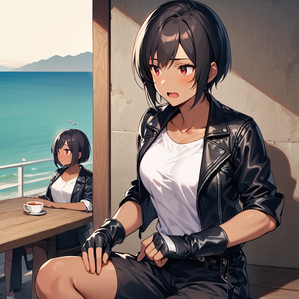 woman,Sleep,Sleepy face,My friend was surprised,short hair,Black Hair,Dark Skin,Red eyes,((Black leather jacket with rolled up sleeves)),Fingerless gloves,White T-shirt,((White headband)),Black trousers,White shoes,Tea belt,cute,indoor ,Attractive points,Ocean view,A little big breasts are a little big,Outdoor,high quality,good looking,My friend is worried on the terrace,Yawn