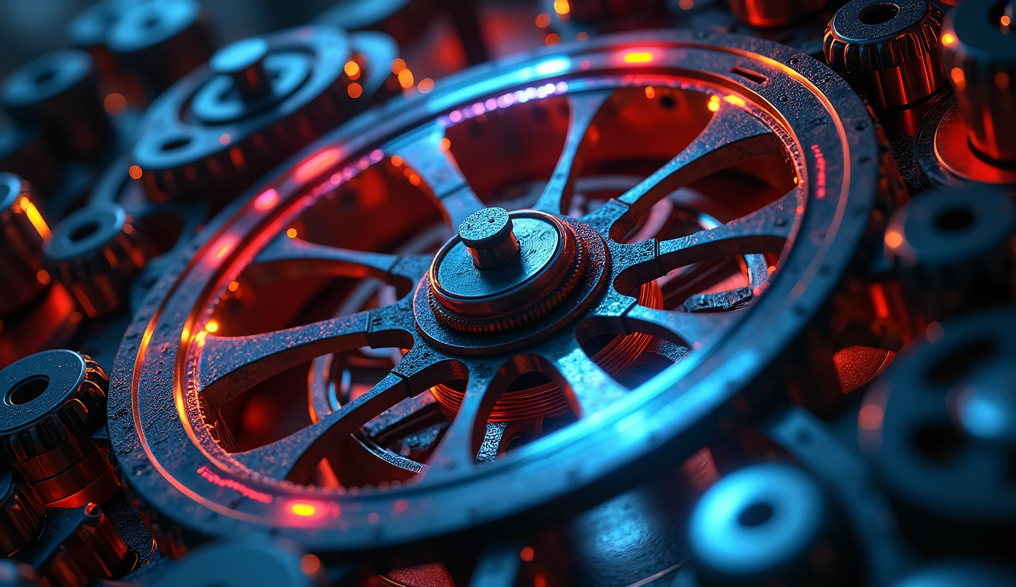 So many beautiful gears and beautiful pinions., close-ups of gears, dynamic camera work, Inside a machine, Beautiful metallic light reflections., Colorful LED growing from the inside, Focus on the pinions and gear system, Black machine oil reflecting lights