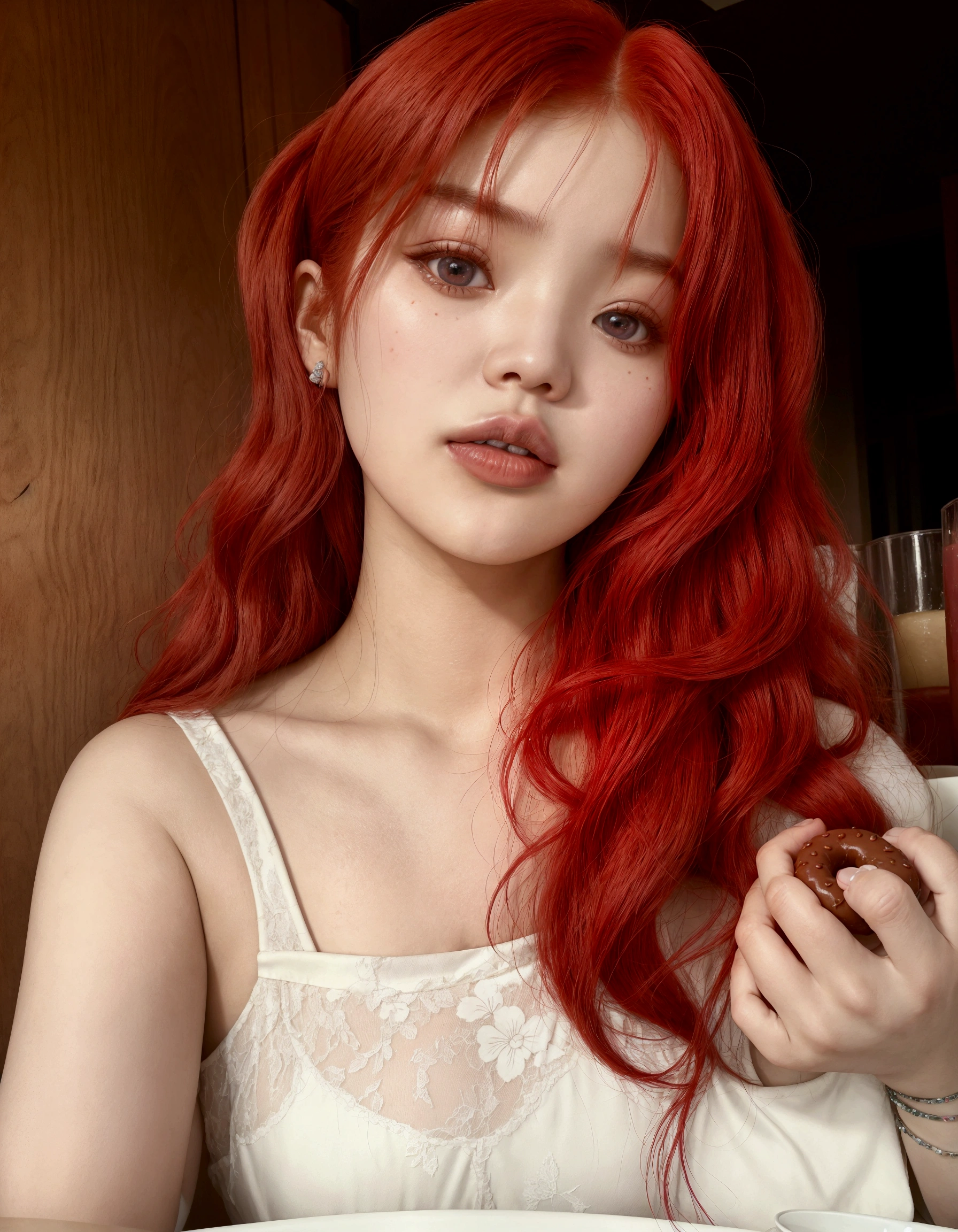 arafed woman with red hair sitting at a table with a plate of donuts, blackpink jennie, jossi of blackpink, with red hair, taken in the early 2020s, portrait of jossi of blackpink, gemma chen, roseanne park of blackpink, jinyoung shin, heonhwa choe, bae suzy, chiho ashima, she has red hair