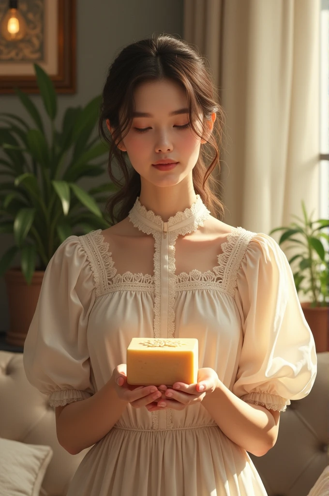Believe me, a beautiful housewife with handmade soap in her hand