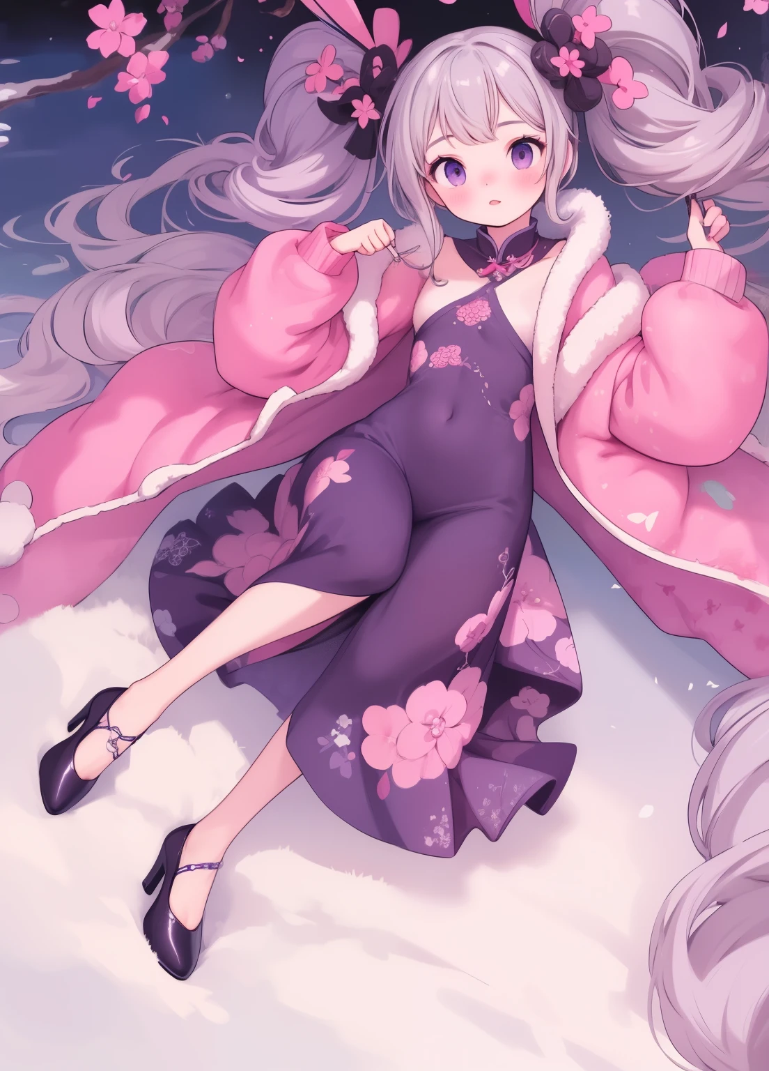 (masterpiece、Highest quality、Highest quality、Official Art、Beautiful and beautiful:1.2)、(One person:1.3)Hatsune Miku、Twin tails,Beautiful breasts, Katsushika Hokusai,Retro Style, sexy chinese cheongsam,Luxury Fashion,girl, Inji, Purple Hair, Purple eyes, Long Hair, Gray Hair, Double Knit, Gradient Hair,Bunny ears,The finer details,Chic and stylish,Perfect Makeup,Glamorous expression,Beautiful and delicate eyes,Beautiful and delicate lips,Professional photography,Colorful Dresses,Fashion accessories,Shining Jewelry,shiny heels,Luxury Fabric,Elegant embroidery,Exquisite patterns,Tradition and modernity,Focus on cultural heritage,Beautiful silhouette,Confidence and elegance,Beautiful movement,The beauty of editing,Fascinating Light,Exquisite aura,Beauty and fashion event,Motivate and empower,Iconic Performance.