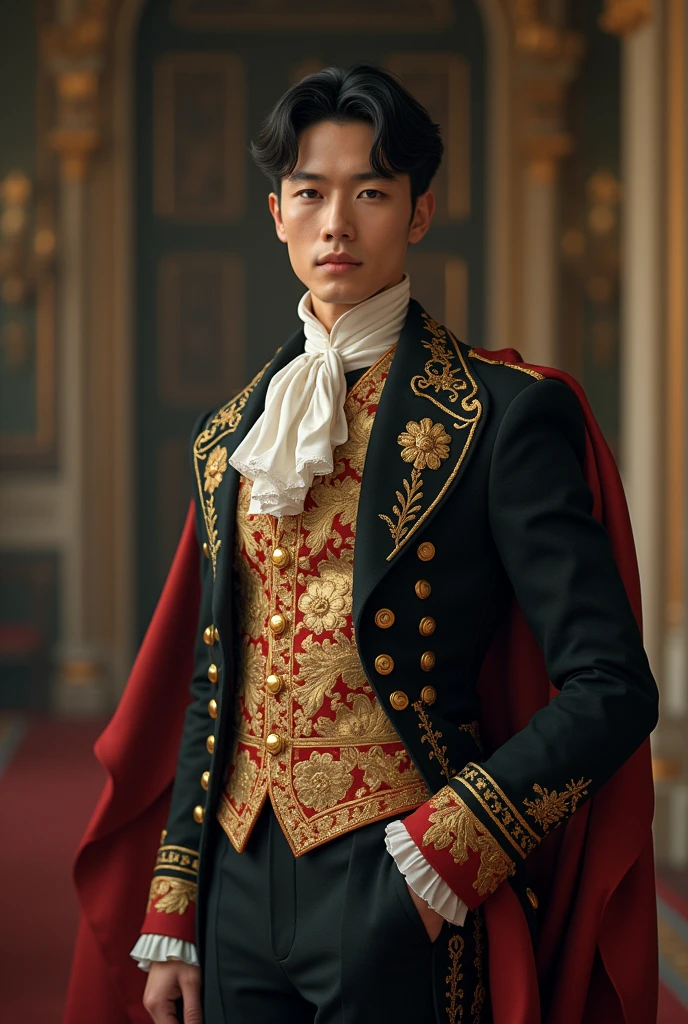 handsome half korean and half russian man in england's prince outfit. monolid and sleepy eyes. hazel colored eyes. square face shape with two blocks hair cut. whole body
