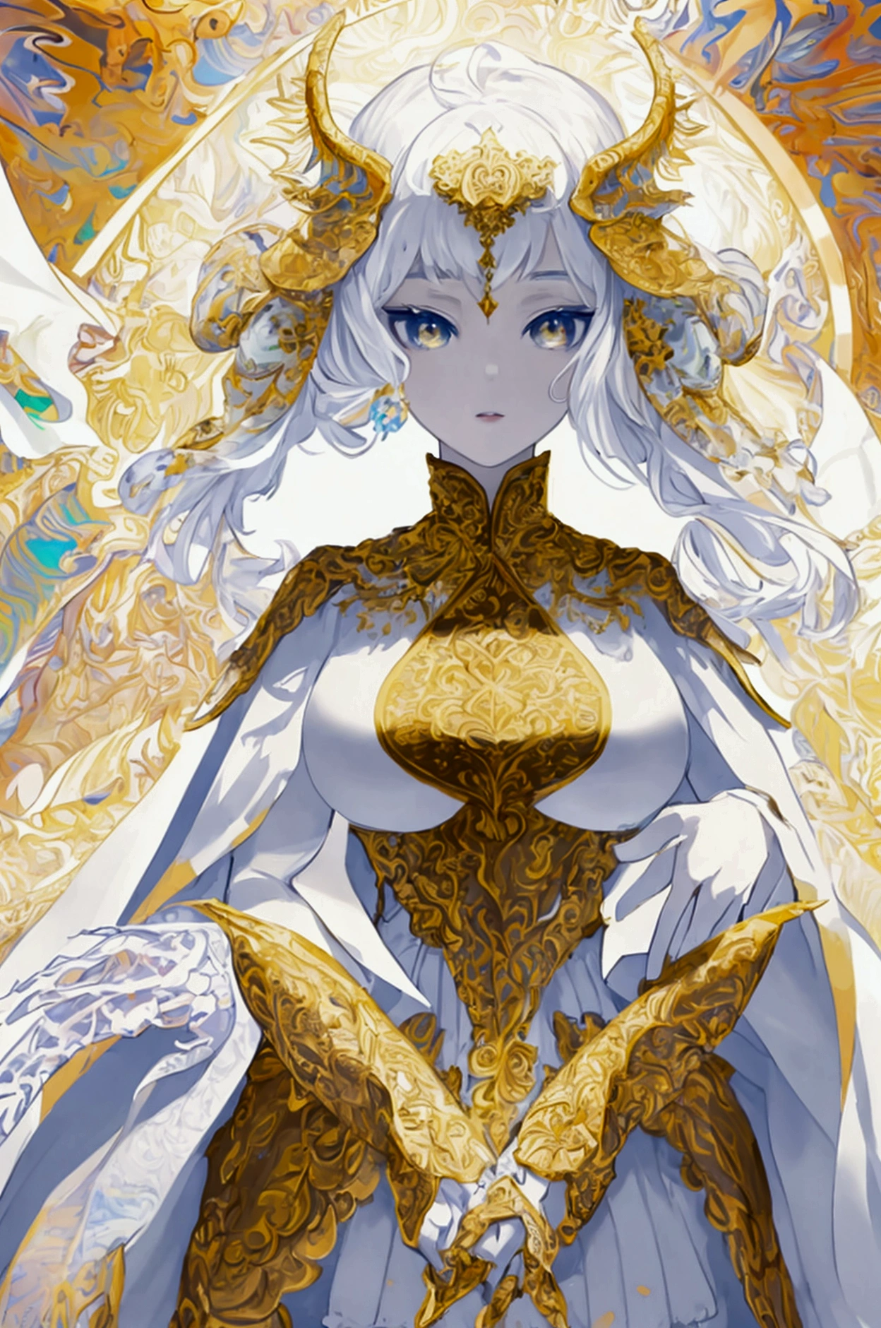 (masterpiece, Highest quality, Highest quality, Official Art, beautifully、aesthetic:1.2), (One girl), Highly detailed eyes, (Fractal Art:1.3), colorful, Most detailed, (Perfect Face), Glowing Skin, High resolution, (White cloak, golden lines:1.2), Milky Way, (Streaks of Light), Impressive visuals, (Dynamic stripes, Light trail:1.2), Vibrant colors, (Phoenix), (Dragon), Make your boobs bigger