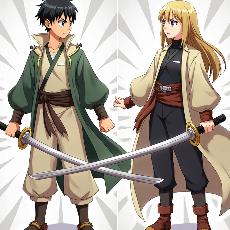 high resolution, HD Model, high qualiy, longye hair, shorth hair, bangss, hair blonde, Bblack hair, laughter, blue colored eyes, purples eyes, motion lines, Lines of action, anime styling, アニメ, Girl and Boy swordsmen battling each other with angry expression.