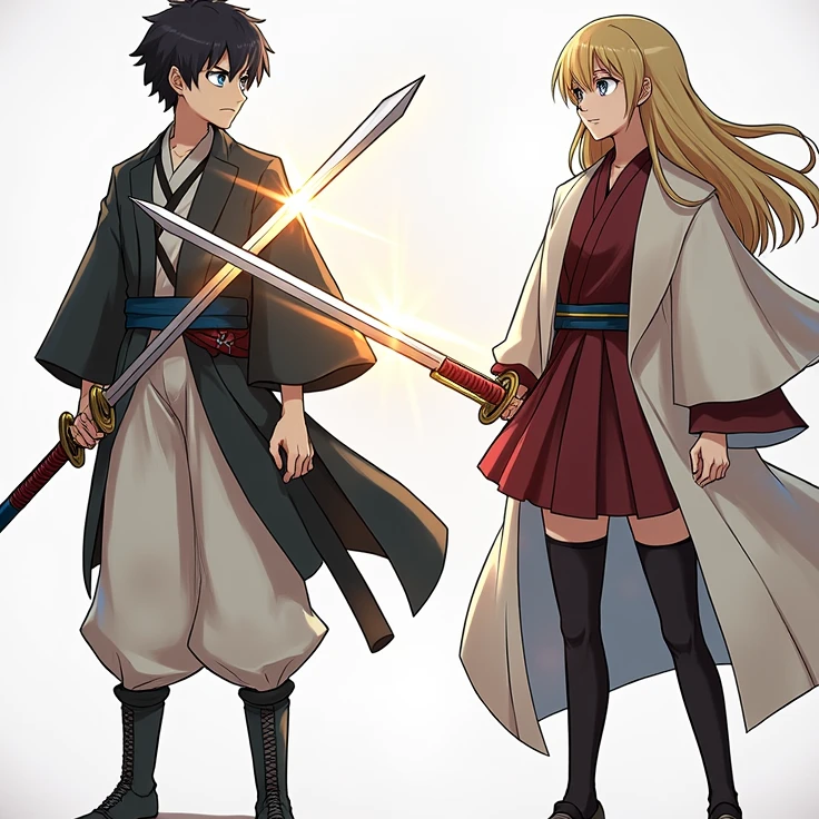high resolution, HD Model, high qualiy, longye hair, shorth hair, bangss, hair blonde, Bblack hair, laughter, blue colored eyes, purples eyes, motion lines, Lines of action, anime styling, アニメ, Girl and Boy swordsmen battling each other with angry expression.