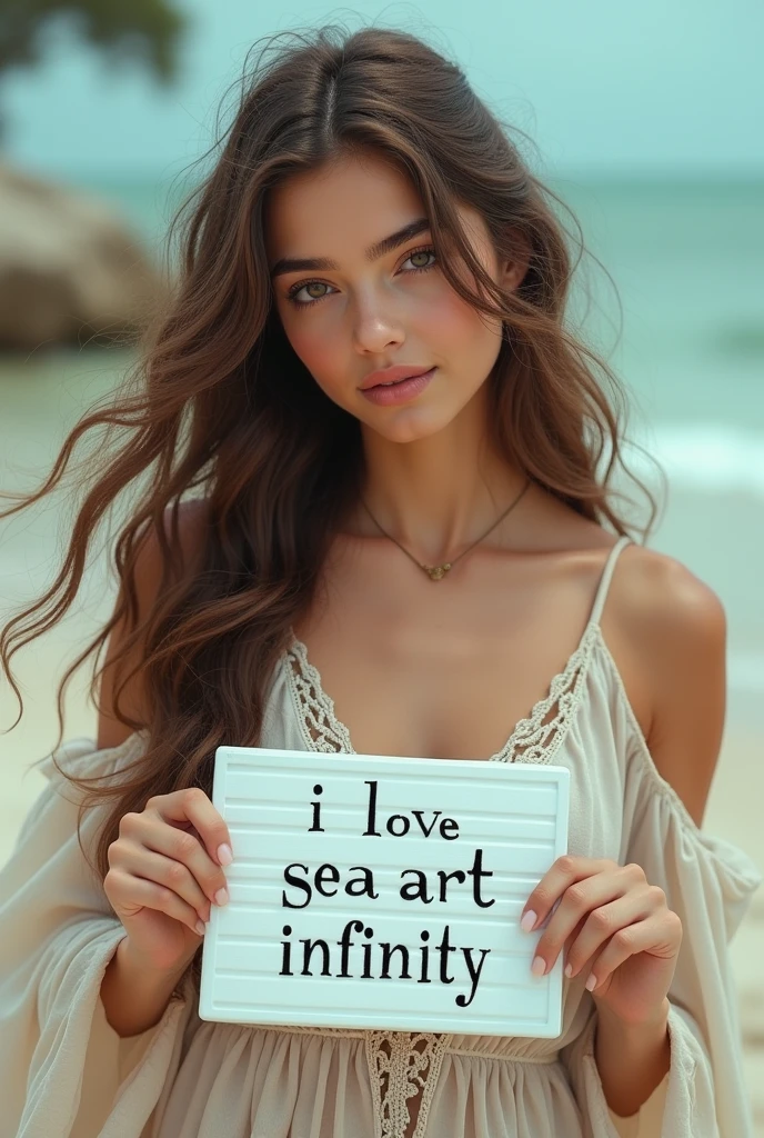 Beautiful girl with wavy long hair, bohemian dress, holding a white board with text "I Love Seaart Infinity" and showing it to the viewer