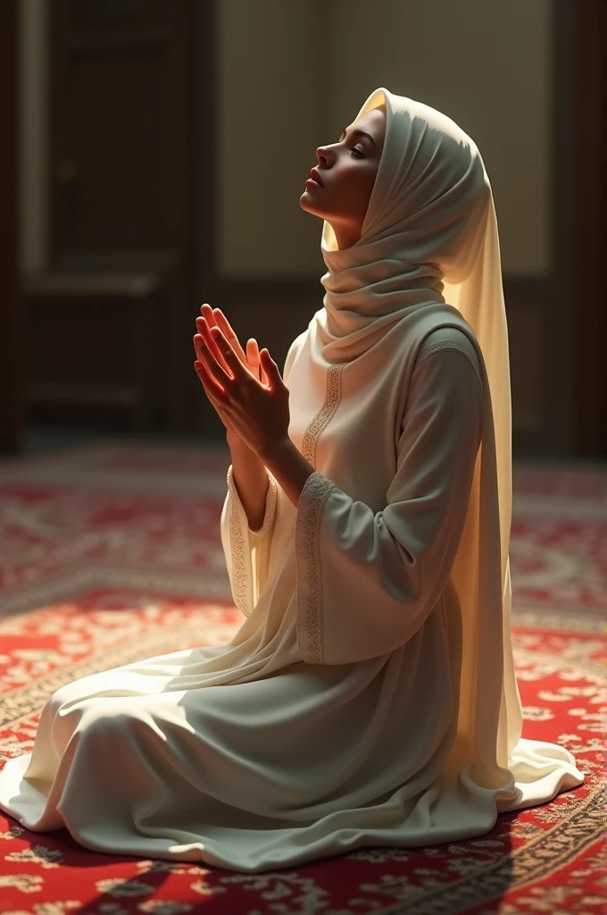 Muslim lady, wearing Muslim dress, covered her hear with hijab, sitting in peay carpet, raised her hand and looking up,