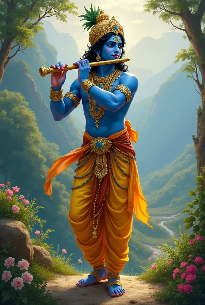 Shri krishna playing flute in beautiful outfit