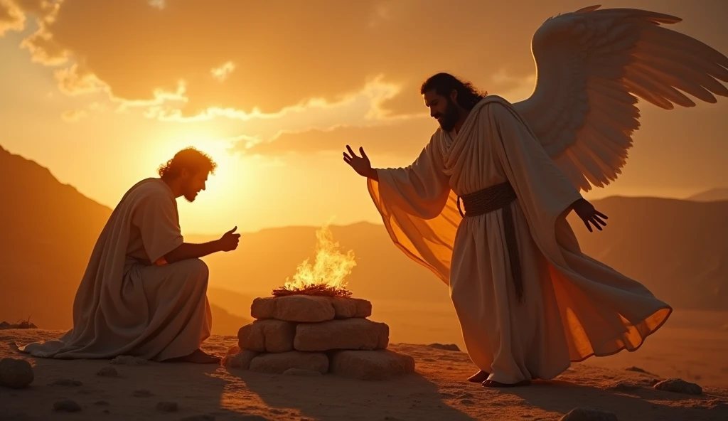 Epic photo of Abraham hovering over an altar, with Isaac bound on the altar, an angel appearing behind him to stop his hand. The setting sun casts dramatic light on their faces. Low angle shot, expansive desert landscape in the background, with soft, warm lighting from the low sun, 50mm lens with a subtle filter, in the style of Caravaggio.
