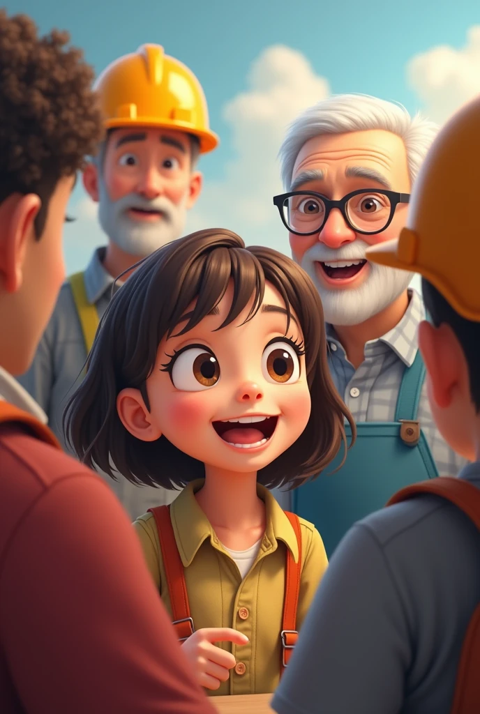 A seven-year-old girl, short hair without bangs and with chocolate hair color, and a grandfather with a short beard and short white hair doesn't pay attention, A group of children without glasses and not wearing a helmet, all seven, eight and nine years old, All with their parents and they don't wear helmets.
everyone talking at a meeting with two adult engineers wearing construction workers' helmets and clothes.
without helmet I said