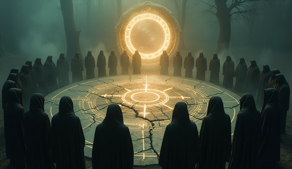 Cinematic scene of a dark magic ritual: hooded figures chanting around a glowing, dark portal. The ground cracked and emitting dark energy. Realistic, mystical, and ominous, highlighting the rise of dark powers. Include intricate symbols and runes glowing on the ground, adding to the mystic atmosphere. High level of detail and realism to match cinematic quality. The moment the world ends