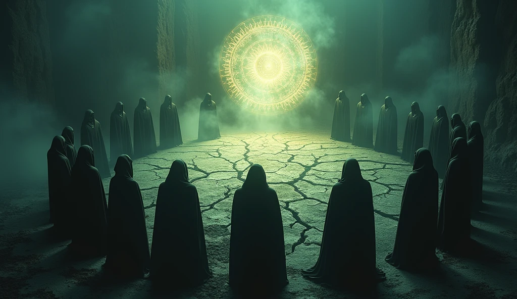 Cinematic scene of a dark magic ritual: hooded figures chanting around a glowing, dark portal. The ground cracked and emitting dark energy. Realistic, mystical, and ominous, highlighting the rise of dark powers. Include intricate symbols and runes glowing on the ground, adding to the mystic atmosphere. High level of detail and realism to match cinematic quality. The moment the world ends
