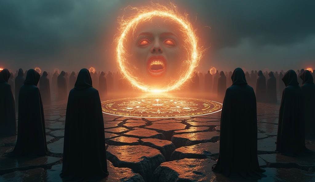 Cinematic scene of a dark magic ritual: hooded figures chanting around a glowing, dark portal. The ground cracked and emitting dark energy. Realistic, mystical, and ominous, highlighting the rise of dark powers. Include intricate symbols and runes glowing on the ground, adding to the mystic atmosphere. High level of detail and realism to match cinematic quality. The moment the world ends