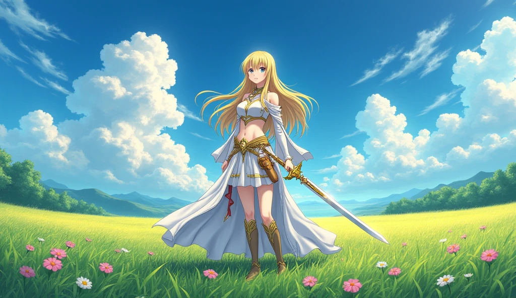 наруто and sword in field with sky background, Detailed key anime art, anime goddess, portrait heroines anime, detailed digital anime art, Highly detailed official design, blonde anime girl with long hair, photo of Асуна из SAO, Anime girl with long hair 16:9