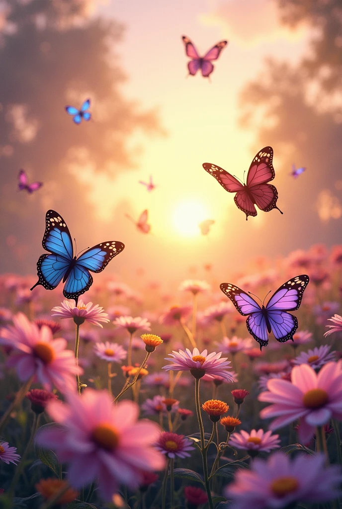 広大なflower園が舞台です。色とりどりのflower々The wind rustles through the trees、その上を無数のbutterfly々They are dancing lightly。butterfly々The feathers are transparent.、It shines brightly as the light shines through。butterfly々In the、Pastel coloured ones、Vibrant Blue、purple、One with a golden feather、多種多様な色合いのbutterfly々is depicted。butterfly々Every time we flap our wings、flower々The scent of、The surroundings are depicted with a faint light shining.。In the background、The sky is dyed orange and pink at dusk.、The quiet beauty is striking。