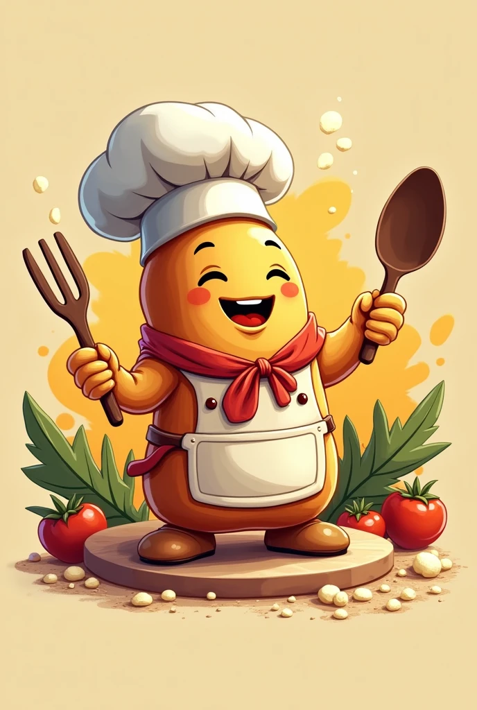 Logo for a company that makes stuffed yuca breads dressed as a chef and animated