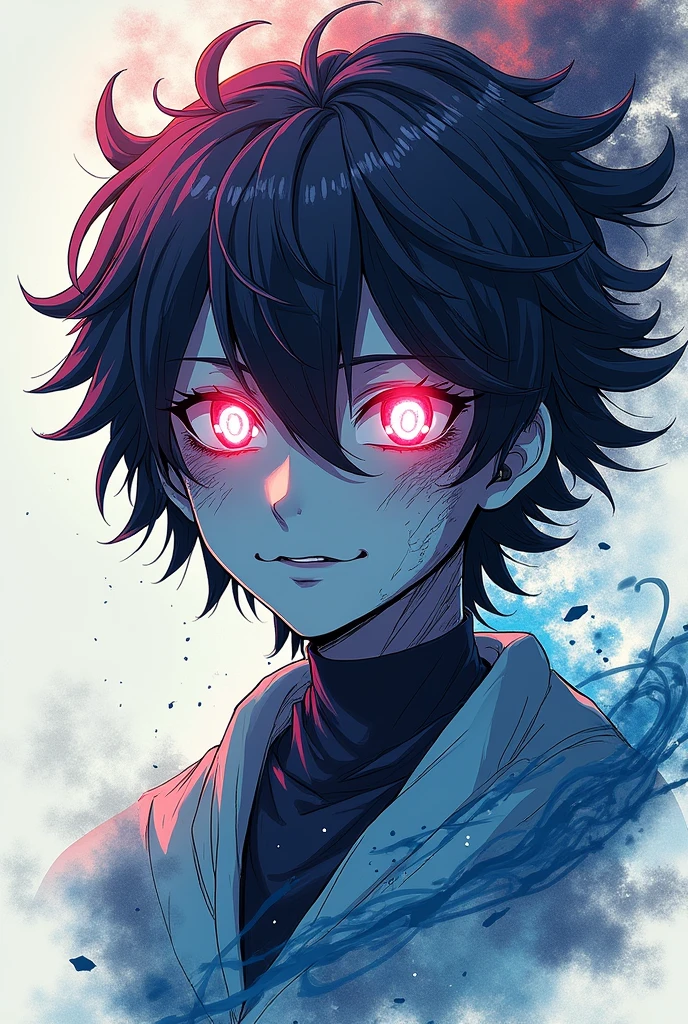 A dark-skinned anime youth with spiky black hair,one white eye and one red,a blue overcoat and eye-shaped shards of glass floating around