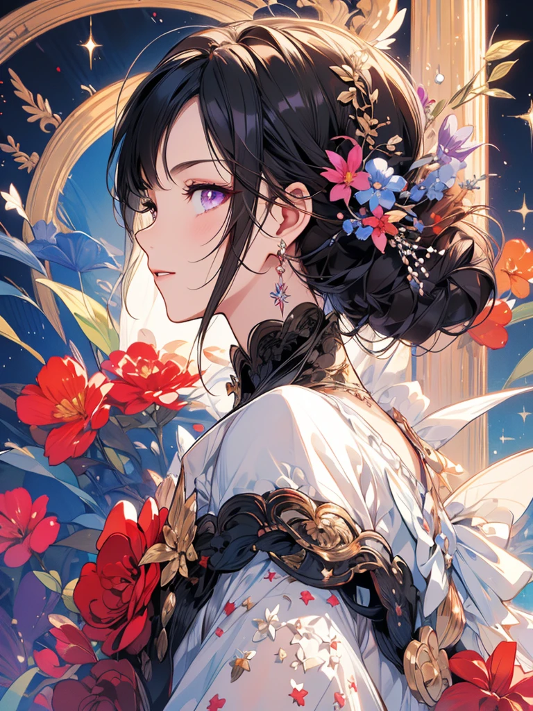 masterpiece, Highest quality, 1 , Very detailed, Ultra-high resolution, Distinctive facial features, Anatomically correct, pretty girl, Long pointy ears, Fairy, Nice face,Black Hair, Purple eyes,one piece, profile
