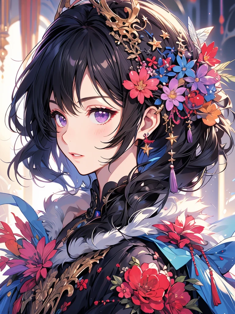 masterpiece, Highest quality, 1 , Very detailed, Ultra-high resolution, Distinctive facial features, Anatomically correct, pretty girl, Long pointy ears, Fairy, Nice face,Black Hair, Purple eyes,one piece, profile