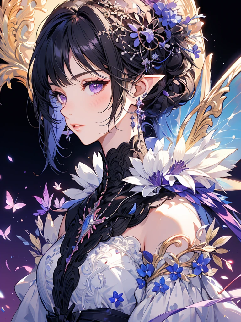 masterpiece, Highest quality, 1 , Very detailed, Ultra-high resolution, Distinctive facial features, Anatomically correct, pretty girl, Long pointy ears, Fairy, Nice face,Black Hair, Purple eyes,one piece, profile