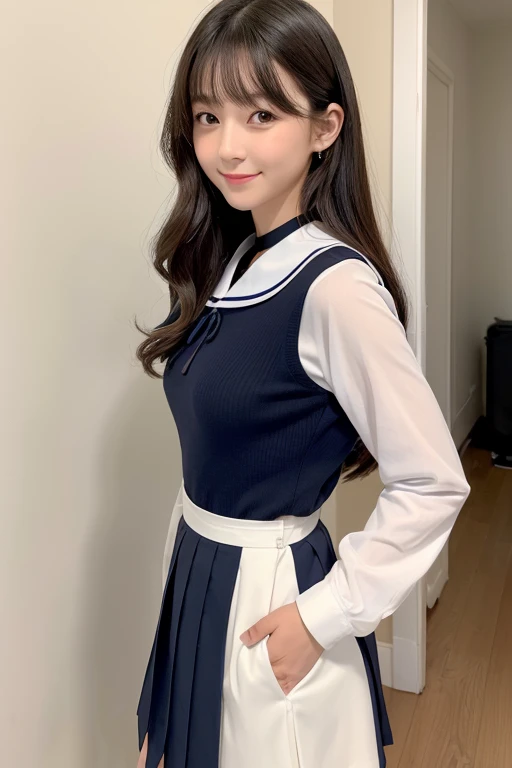 super highest quality, Japanese, genuine、open your mouth and smile, small face、dark makeup、eyeliner、Mr..々hairstyle, girl, , whole body, Many students in the background、high school,sailor suit、navy blue skirt, daytime,Shot in the hallway of a school、enjoy、jump up and down、cute, beauty, big breasts、