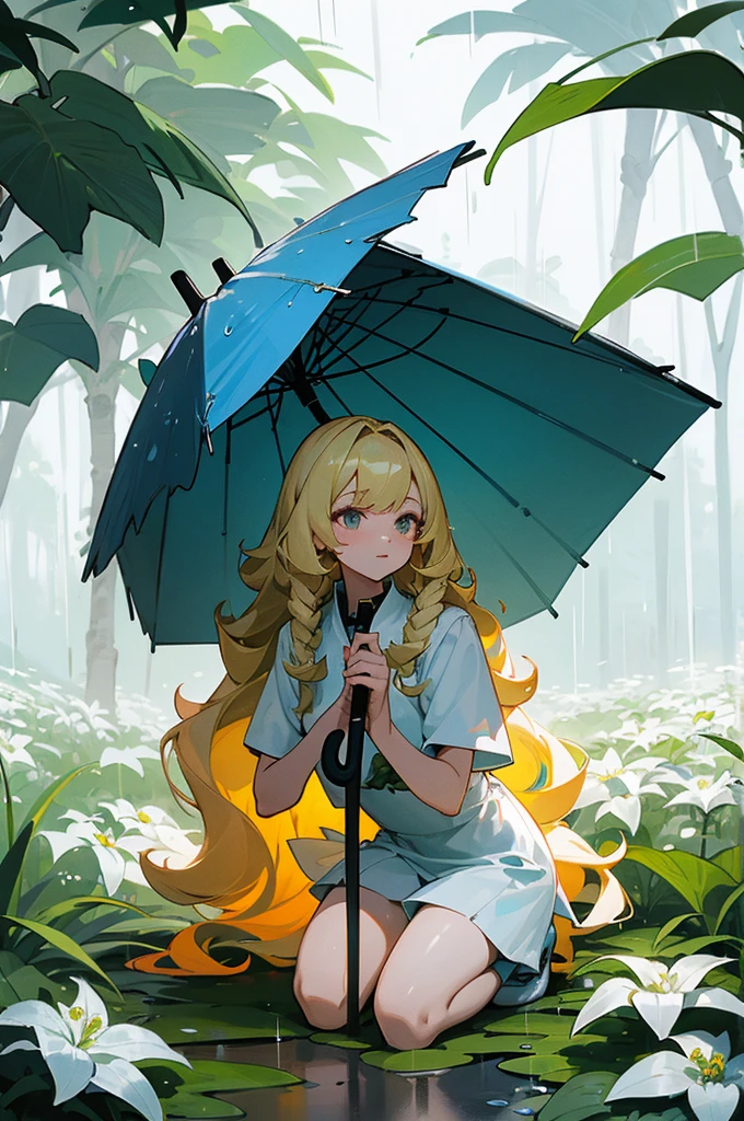a blond girl with long curly hair,a blue umbrella,kneeling on the ground,surrounded by plants and white flowers,nature environment,wearing short pants and a white short dress,rain falling