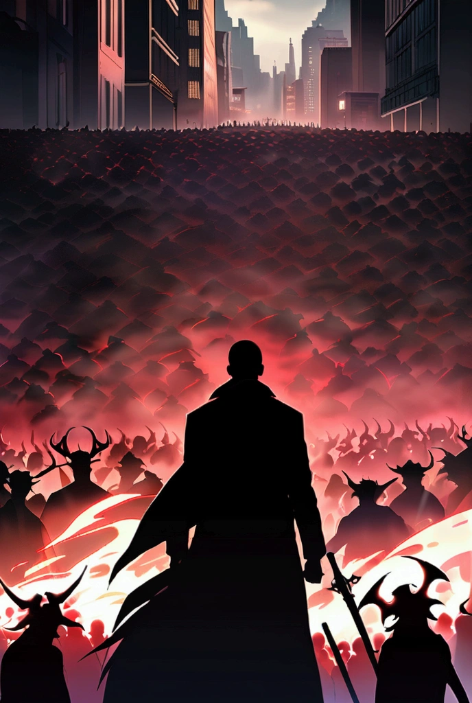 city,many,A horde of demons.,door,red,black man,Wear a black coat,stand with back