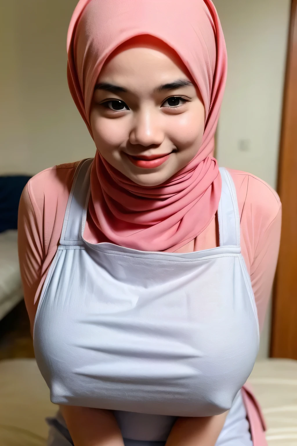 ((plump body:1.15)), adorable, 1 girl, (face to face), , baby face, happy, medium portrait, (face details: 1), (eye details:1), ((naked big breasts)). ((wearing mini apron)), .. Cute posed. proportional body. Ultra High Res. realistic: 1.4, UHD, ((hijab stylish)), lace ((Gigantic:1.319)), Cropped shirt, ((naked:1.439))