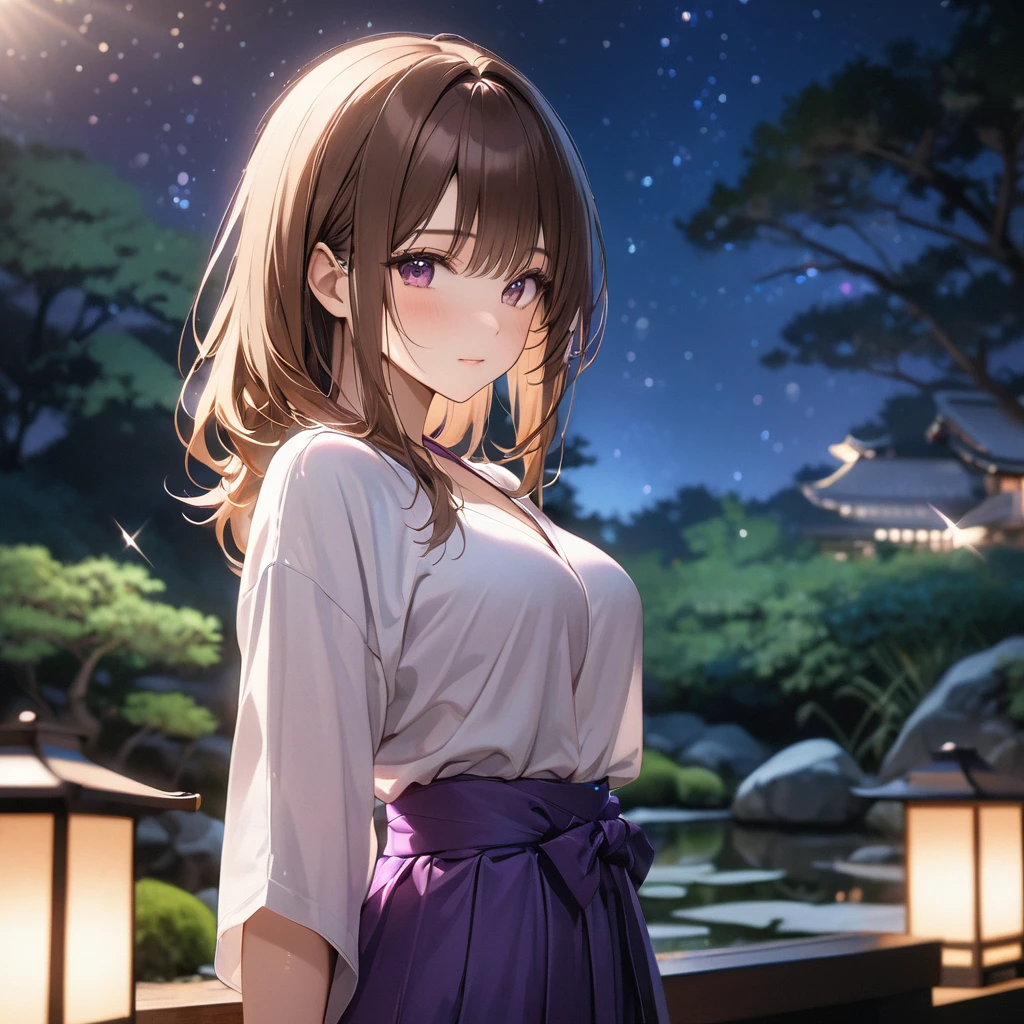 High resolution, masterpiece, 最high quality, Very detailed, high quality, Textured skin, Brown Hair, Natural look, Japanese garden,night,Cinema Lighting, Purple Hakama,chest, born,Professional photography,Cinema Lighting, 丸いchest,Sparkle Effect, Background blur, sexy,