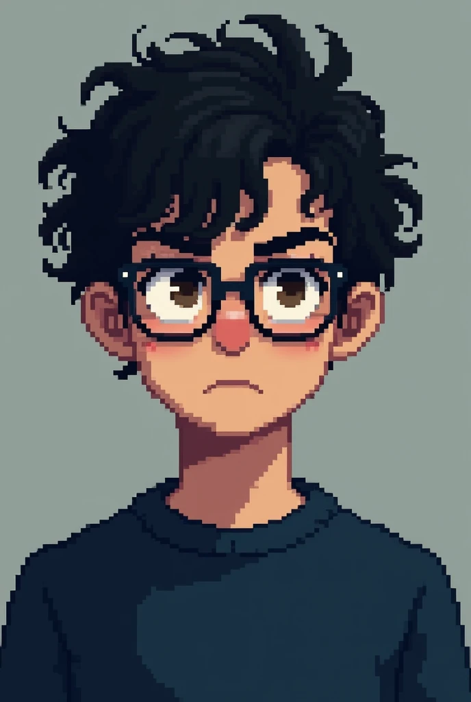 Strong pixel art emo man with very curly black hair, with glasses, navy blue sweater, eyes browns, with a serious face, with a slightly mature face, looking from the front
