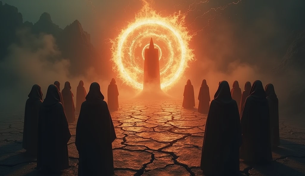 Cinematic scene of a dark magic ritual: hooded figures chanting around a glowing, dark portal. The ground cracked and emitting dark energy. Realistic, mystical, and ominous, highlighting the rise of dark powers. Include intricate symbols and runes glowing on the ground, adding to the mystic atmosphere. High level of detail and realism to match cinematic quality. The moment the world ends