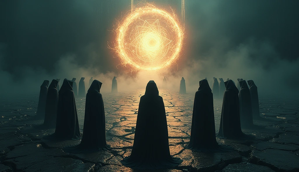 Cinematic scene of a dark magic ritual: hooded figures chanting around a glowing, dark portal. The ground cracked and emitting dark energy. Realistic, mystical, and ominous, highlighting the rise of dark powers. Include intricate symbols and runes glowing on the ground, adding to the mystic atmosphere. High level of detail and realism to match cinematic quality. The moment the world ends